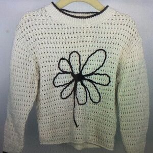 Cream Knit Sweater with Black Flower Design
